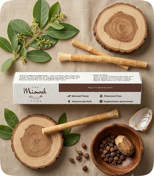 Miswak sticks with leaves and plastic-free packaging, an eco-friendly toothbrush