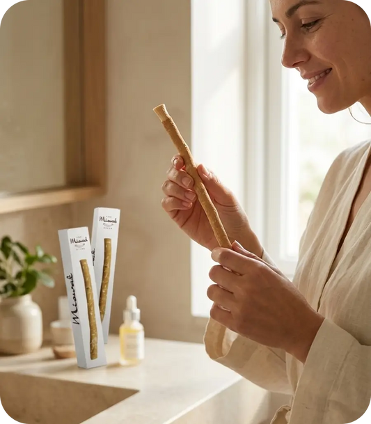 Woman holding a miswak stick, a natural toothbrush