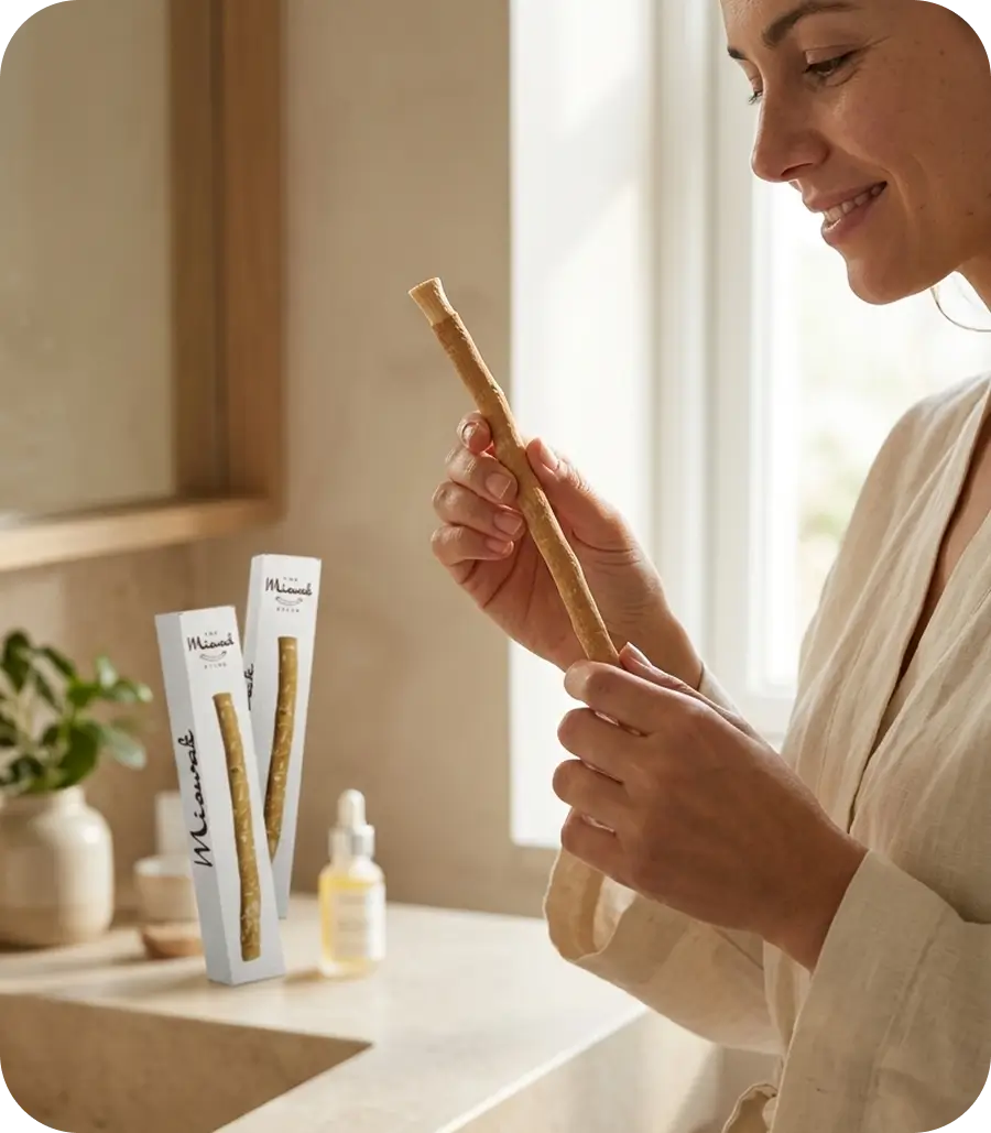 A woman in a cream robe holds a long, thin natural fiber stick, with two white packages of the same product standing on a bathroom counter nearby.